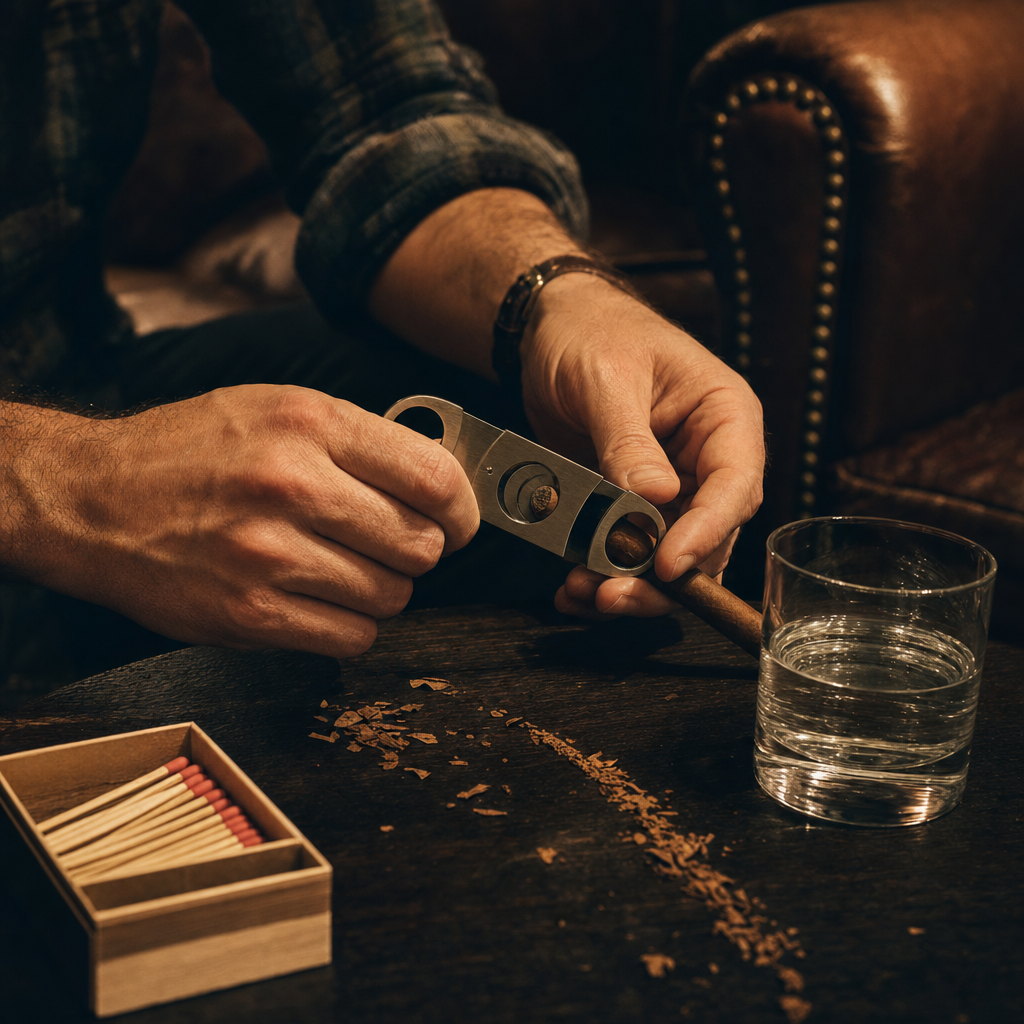 A man's hands cutting the cap of a cigar with a guillotine cutter over a walnut table, a box of matches beside