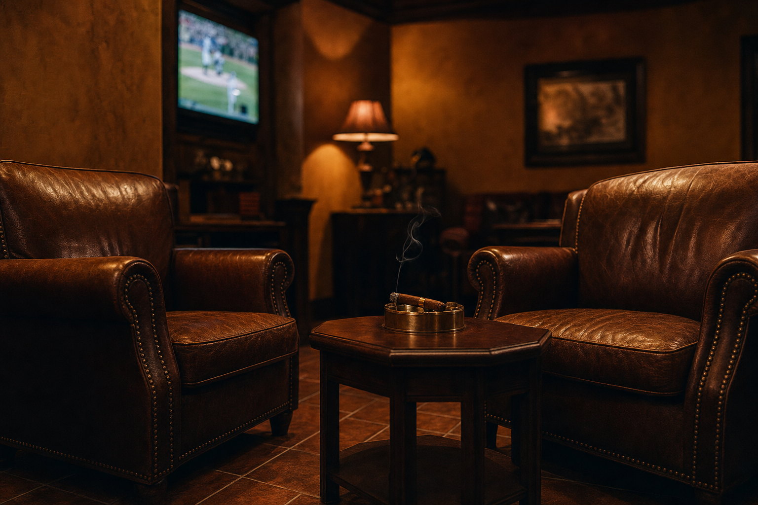 Two worn leather club chairs facing each other in a lamp-lit lounge, a lit cigar resting in a brass ashtray between them