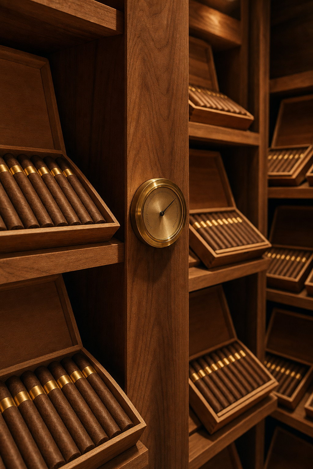 Cedar shelves stacked with open cigar boxes and a small brass hygrometer mounted on a post