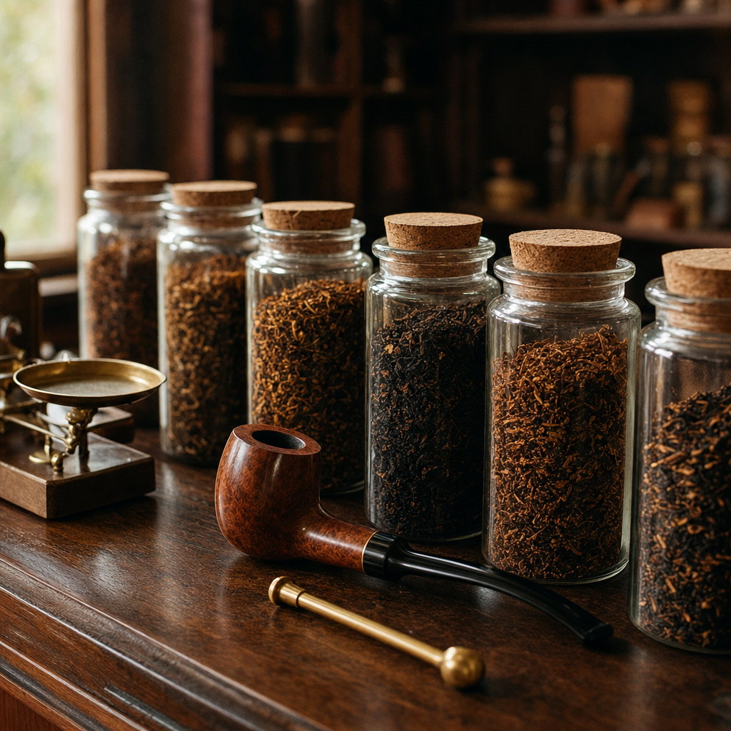 A row of glass apothecary jars of loose pipe tobacco on a walnut counter with a briar pipe in front