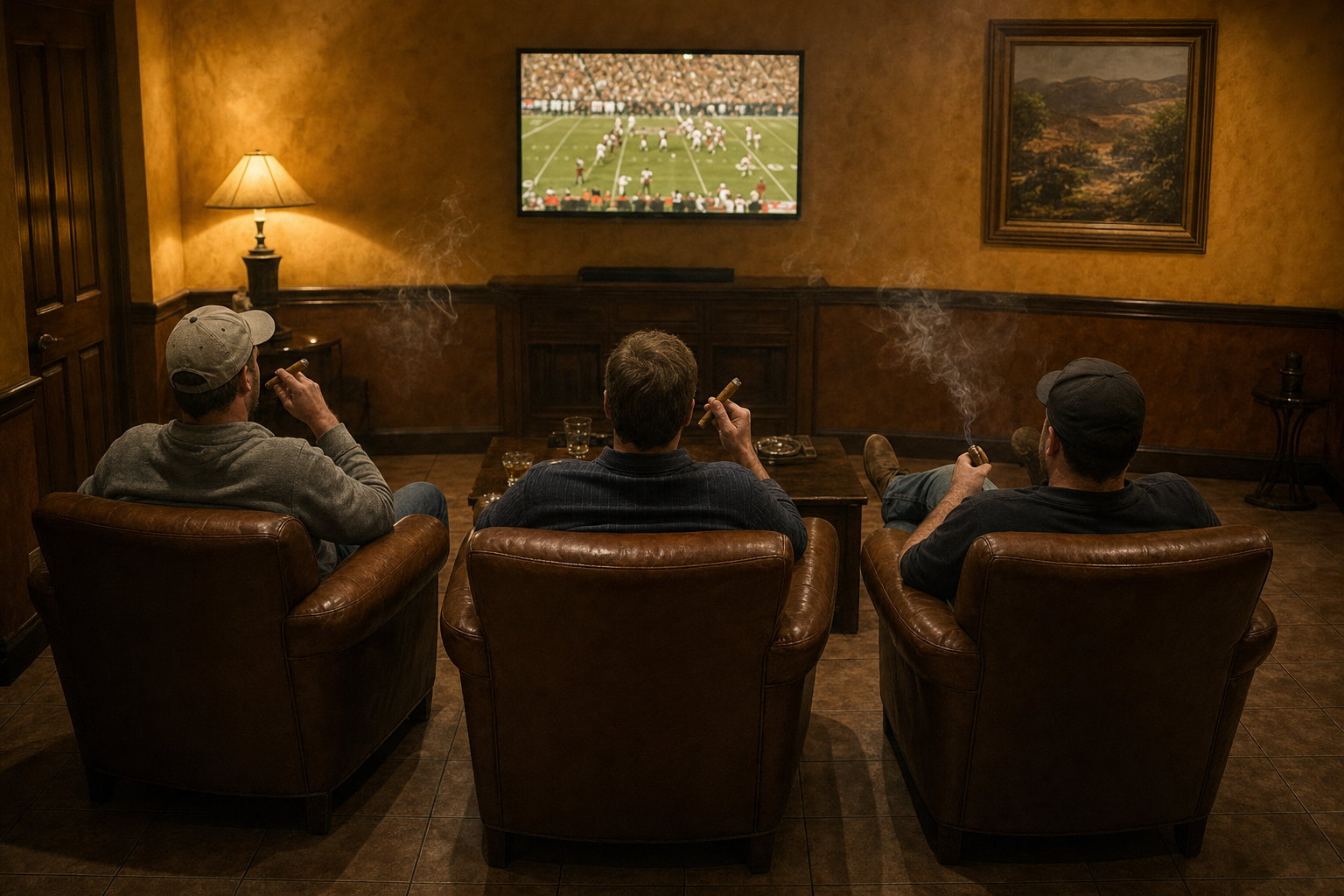 Three men seen from behind in leather club chairs, cigars in hand, watching a football game on a wall-mounted TV